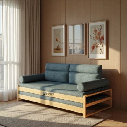 Modern Wooden Sofa Cum Daybed with Cylindrical Bolsters (Teal Blue)