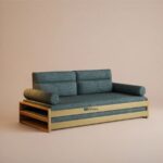 Modern Wooden Sofa Cum Daybed with Cylindrical Bolsters (Teal Blue) - Image 3