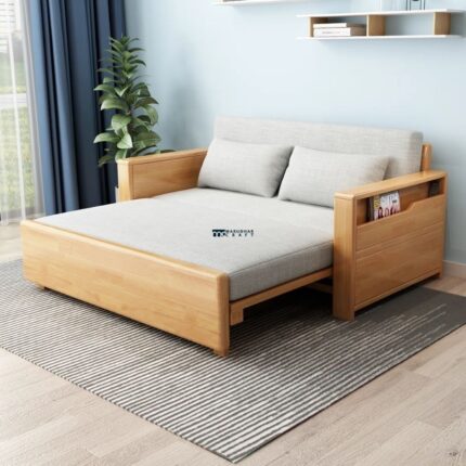 Wooden Frame Sofa Cum Bed with Side Storage & Upholstered Mattress (Natural Oak Finish)