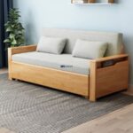 Wooden Frame Sofa Cum Bed with Side Storage & Upholstered Mattress (Natural Oak Finish) - Image 4