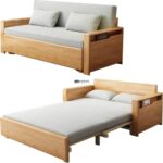 Wooden Frame Sofa Cum Bed with Side Storage & Upholstered Mattress (Natural Oak Finish) - Image 2