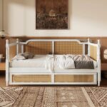 Solid Wood Cane Panel Daybed – White Finish with Natural Rattan