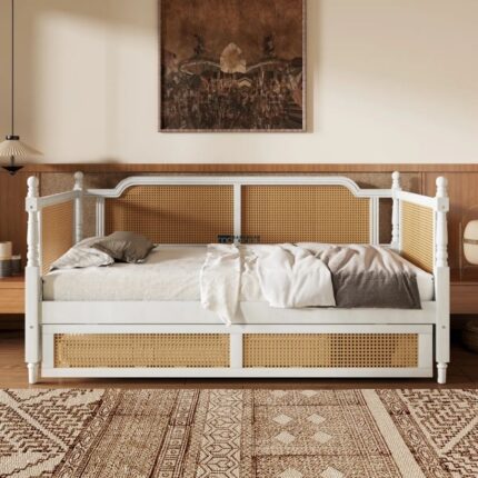 Solid Wood Cane Panel Daybed – White Finish with Natural Rattan