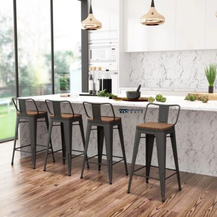 Metal & Solid Wood Bar Stool with Backrest for Kitchen Counter & Bar – Grey & Natural Finish