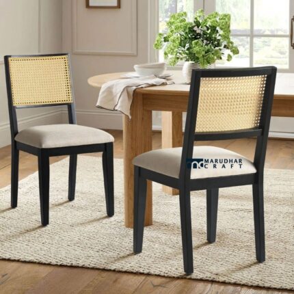 Solid Wood Dining Chairs with Upholstered Cushion Seat and Natural Rattan Cane Back – Set of Two