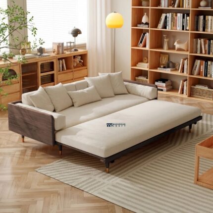 Luxe Retreat Wooden Sofa Cum Bed with Extended Lounger