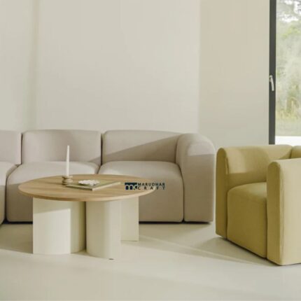 Modern Coffee Table in Light Wood and Cream White with Steel Frame