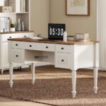 Solid Wood Study Table with Drawers – Classic White & Natural Wood Home Office Desk