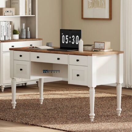 Solid Wood Study Table with Drawers – Classic White & Natural Wood Home Office Desk