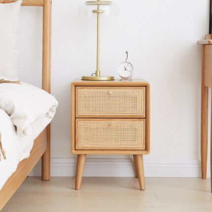 Solid Oak Bedside Table with Handwoven Rattan Drawer for Natural Home Décor