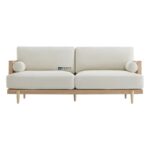 Modern Wooden Sofa with Cane Armrest & Fabric Upholstery - Image 2