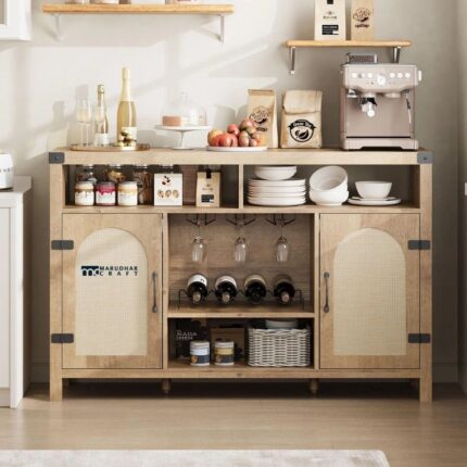 Wooden Rattan Bar Cabinet with 9-Grid Wine Rack for Home Entertainment