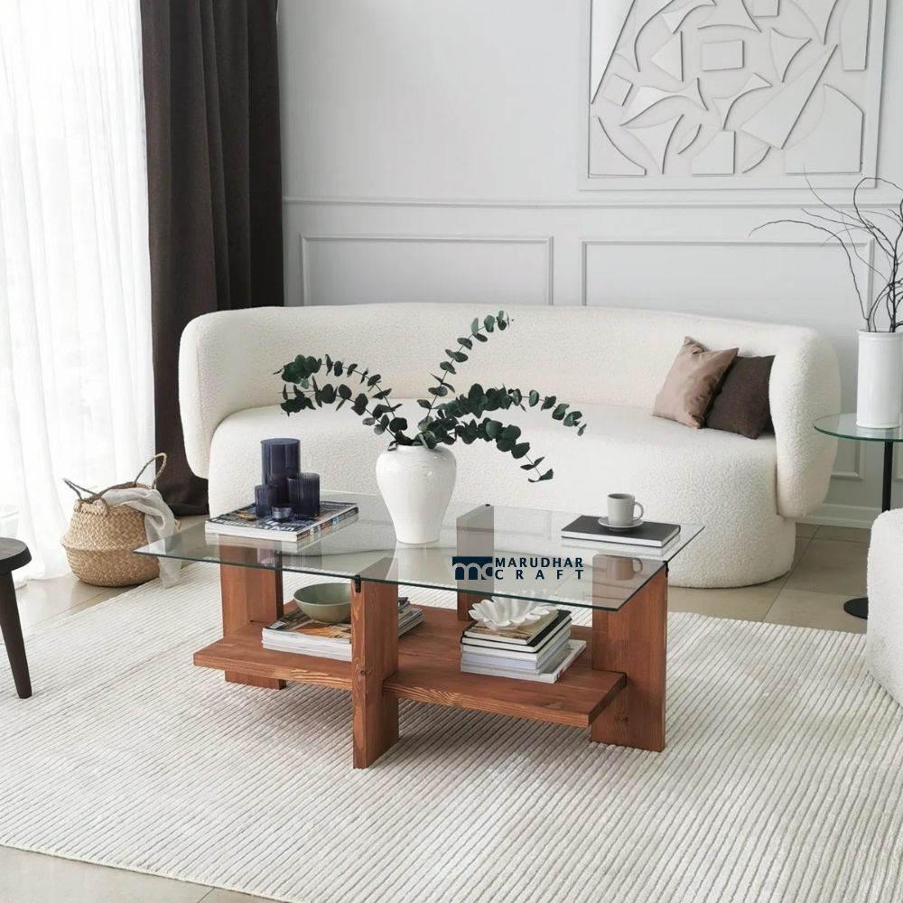 46 Wooden Coffee Table with Elegant Glass Top for Living Room - Image 1