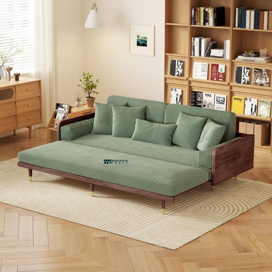 49 Verdant Luxe Wooden Sofa Cum Bed with Premium Fabric - Image 1