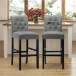 Upholstered Fabric Bar Chair with Backrest & Solid Wood Legs – Grey Finish (Set of 2)
