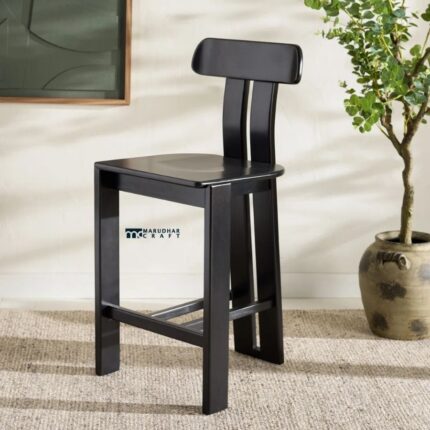 Solid Wood Bar Chair with Backrest – Black Finish