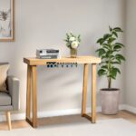 Solid Wood Narrow Console Table with Trapezoidal Legs in Natural Wood Finish