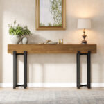 Long Industrial Console Table for Entryway with Wooden Top and Metal Legs