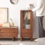Compact Walnut Wood Storage Cabinet with Clear Glass Doors for Modern Homes