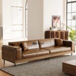Modern Leather Sofa with Solid Wood Frame and 3 Pillows in Brown