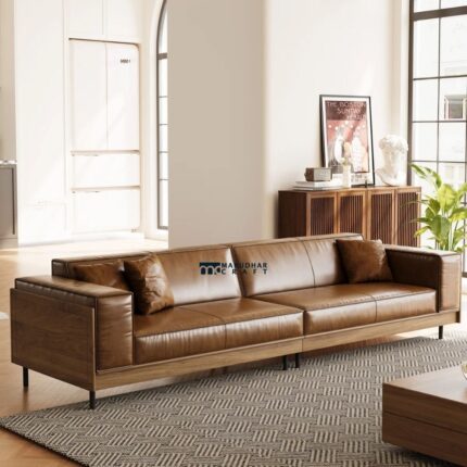 Modern Leather Sofa with Solid Wood Frame and 3 Pillows in Brown