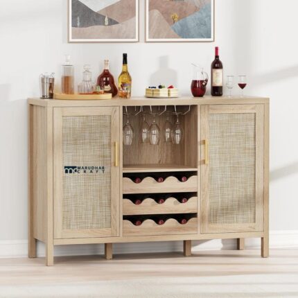 Rattan Wine Bar Cabinet with Glass Holder and Drawer Style Wine Racks
