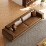 Modern Leather Sofa with Solid Wood Frame and 3 Pillows in Brown - Image 4