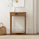 Wooden Console Table with Storage Drawer and Cane Shelf Design