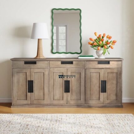Solid Wood Sideboard Cabinet with Drawers & Storage – Rustic Grey Finish