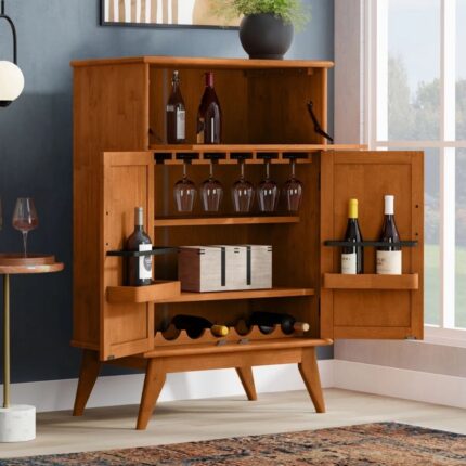 Solid Hardwood Mid Century Bar Cabinet with Bottle Storage, Stemware Rack and Metal Base