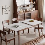 Extendable Solid Wood Dining Table in Walnut Finish with Elegant Marble-Look Top - Image 4
