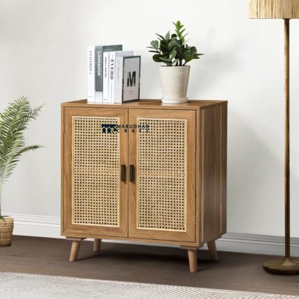 Tall 2-Door Rattan Accent Cabinet with Solid Wood Legs