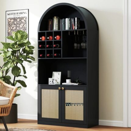 Tall Arched Bar Cabinet with Built-In Wine Rack