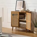 Tall 2-Door Rattan Accent Cabinet with Solid Wood Legs - Image 2