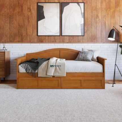 Rustic Oak Wooden Daybed with Storage Drawers