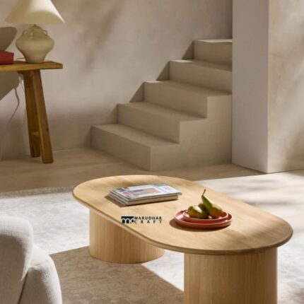 Solid Oak Wood Oval Coffee Table for Living Room with Natural Grain