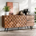 Solid Wood Designer Sideboard Cabinet with 3D Geometric Front – Walnut Finish