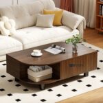 Wooden Coffee Table with Storage and Fluted Sliding Doors