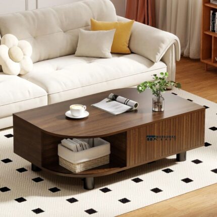 Wooden Coffee Table with Storage and Fluted Sliding Doors