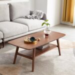 Solid Walnut Wood Coffee Table with Lower Storage Shelf for Contemporary Living Rooms