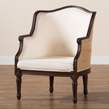 Solid Wood Armchair with Handwoven Rattan Backrest