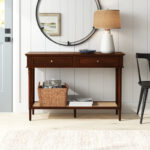Solid Wood Hallway Console Table with Two Drawers and Cane Shelf Storage
