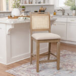 Natural Cane Weave Counter Stool with Rustic Wooden Base for Home Counters