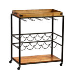Brown & Black Metal–Solid Wood Rolling Bar Cart with Wine Storage - Image 2