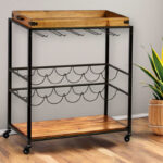 Brown & Black Metal–Solid Wood Rolling Bar Cart with Wine Storage