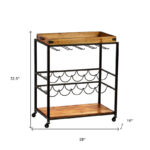Brown & Black Metal–Solid Wood Rolling Bar Cart with Wine Storage - Image 4