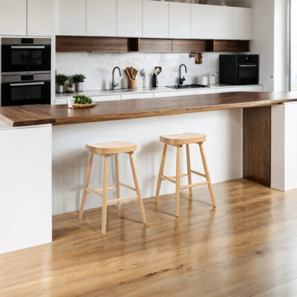 Mid-Century Inspired Bar Stools with Upholstered Seat & Wooden Frame (Set of 2)