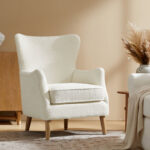 Contemporary Boucle Upholstered Wingback Armchair with Solid Wood Legs