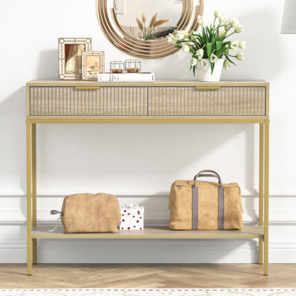 Narrow Rustic Entryway Console Table with Two Drawers for Hallway and Living Room