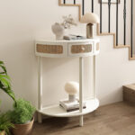 Half-Round Solid Wood Console Table with Authentic Rattan Detailing for Entryway and Living Room